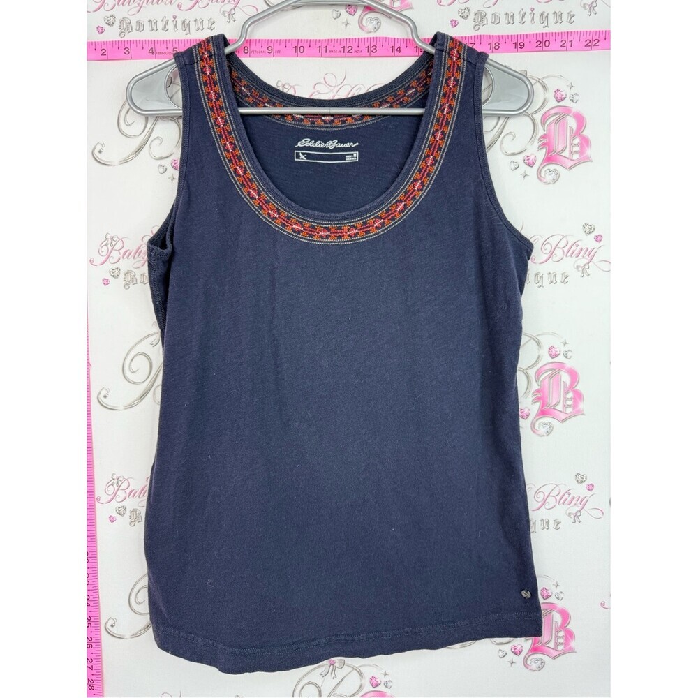 Eddie Bauer Navy Tank Top with Multicolor Embroidered Neckline